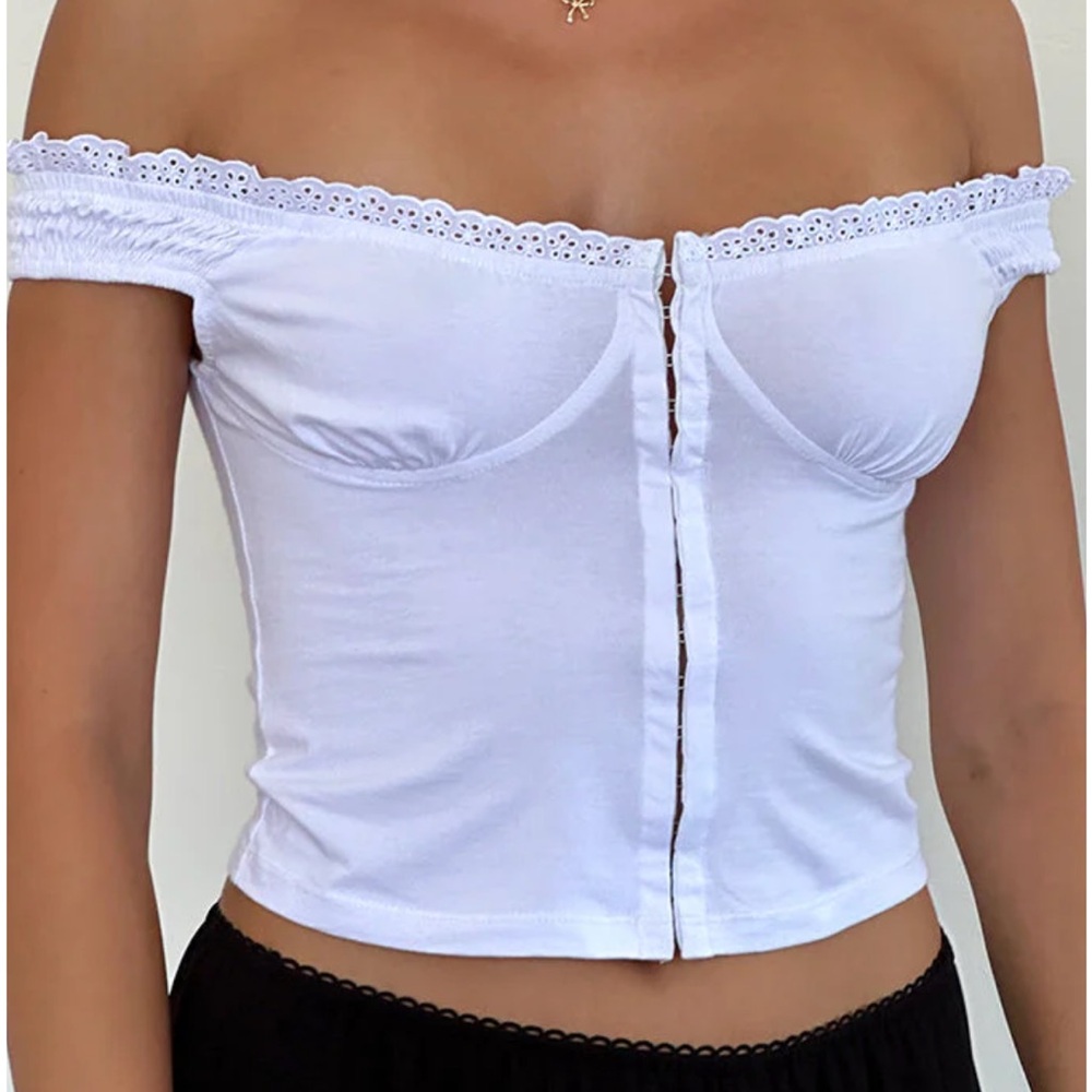 Motel Rocks Dovica Lace Trim Corset Crop Eyelet Top In White size XS - Picture 3 of 7